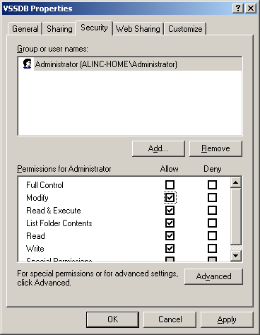 Set NTFS permission on the database folder